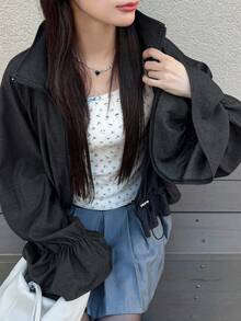 FRIFUL Women's Regular Collar Loose Flare Sleeve Short Hem Ruffle Patchwork Solid Color Casual Jacket, Gothic Style Fall/Winter - Grey - View 1