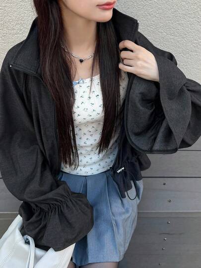 FRIFUL 女式常规领宽松喇叭袖短下摆荷叶边拼接纯色休闲夹克，哥特风格秋冬