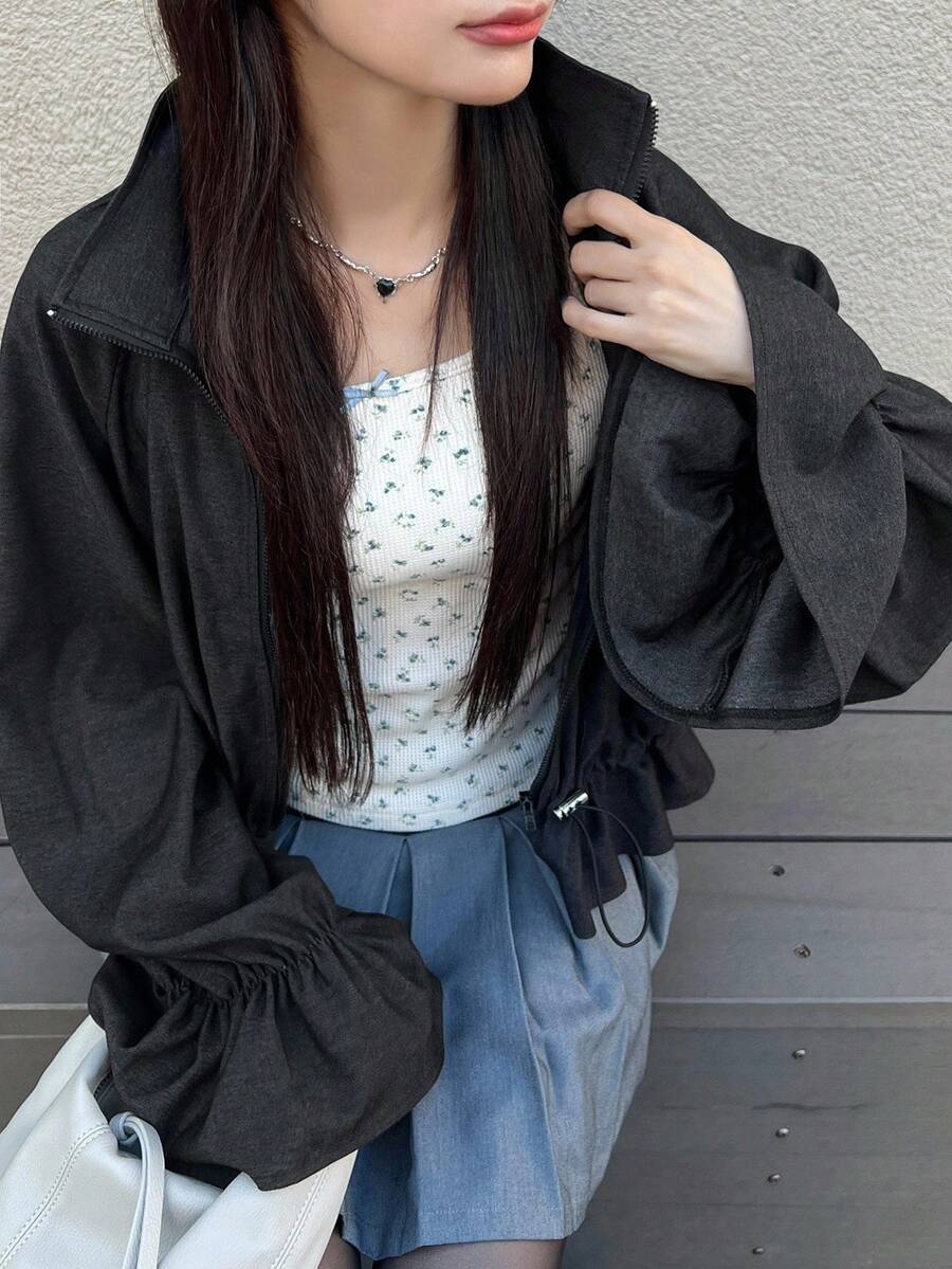 FRIFUL Women's Regular Collar Loose Flare Sleeve Short Hem Ruffle Patchwork Solid Color Casual Jacket, Gothic Style Fall/Winter - Grey - View 1