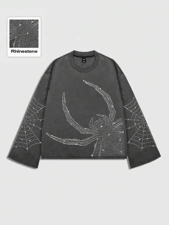 Goth Herren Langarm T-Shirt mit funkelnden Strass-Steinen, locker geschnitten, für den Herbst, 2000er Jahre Stil