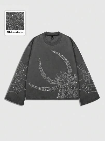 Goth T-shirt à manches longues avec strass scintillants pour hommes, coupe ample et courte, pour l'automne, style années 2000
