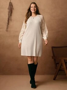 Rosumi 大码休闲通勤纯色提花拼布连衣裙 - 杏色 - 查看 6