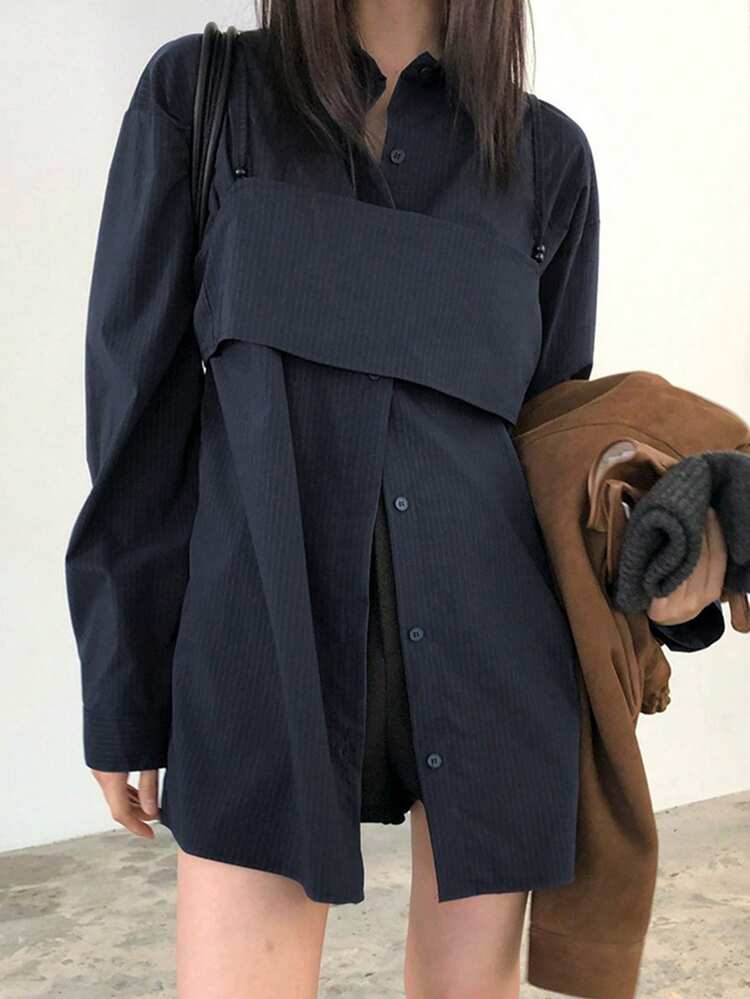 Women's Loose Long Striped Cropped Camisole 2 Pieces Set, Layered With Shirt, Navy Blue, Spring/Autumn Long Sleeve Top