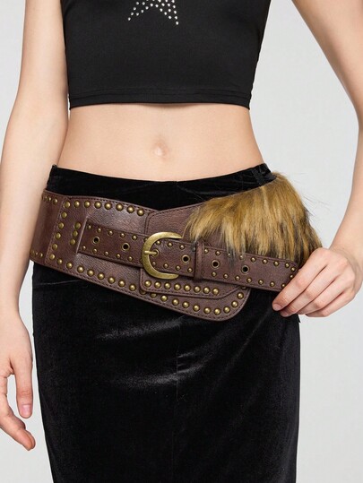 J-Fashion 1pc Women's Brown Furry Rivet Decor Western Style Bohemian Wide Waist Belt, Versatile Accessory For Dresses, Jeans