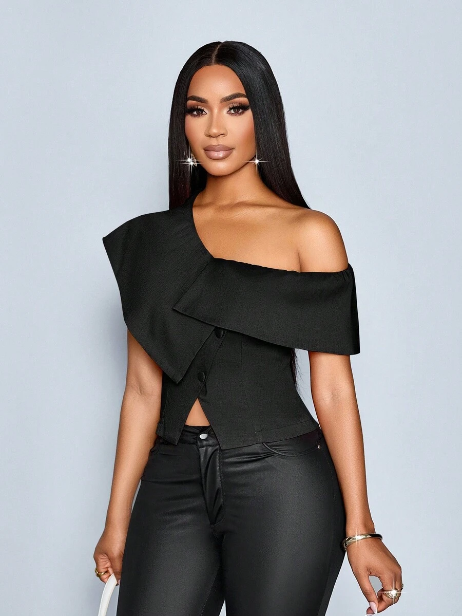 SOLERSUN 女式春夏优雅复古商务休闲露肩不对称单排扣衬衫 - 黑色 - 查看 1