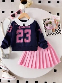 2pcs/Set Young Girls Back To School Collegiate Style Sweatshirt And Pleated Skirt Set, Navy Blue Collar Sweatshirt With Letter Print, Pink Pleated Skirt, School Uniform Look Fall Winter - Royal Blue - View 7
