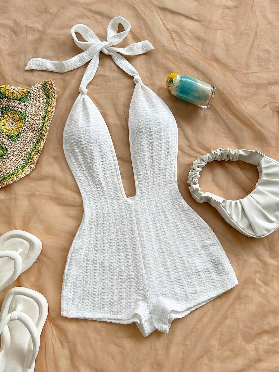 Soleia Women's Vacation White Knit Fairy Crinkle Texture Deep V Neck Tie Front Bodysuit, Slim Fit, Suitable For Party, Christmas, Date, Nightclub, Bohemian, Boho, Vacation, Fall