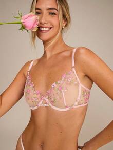 Enchnt Conjunto de lingerie sexy bordada com strass em formato de coração para mulheres 2 peças - Rosa - Ver 2