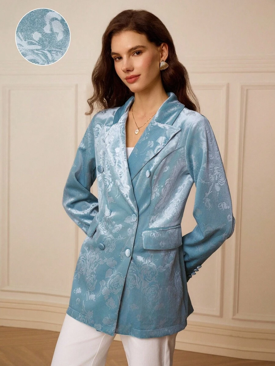 Omancia 女士时尚浪漫优雅天鹅绒烂花玫瑰镂空休闲西装外套 - 藍色 - 查看 1