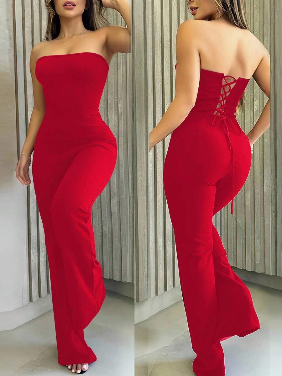 INAWLY Sexy Backless Bandage Jumpsuit For Women - Red - View 1