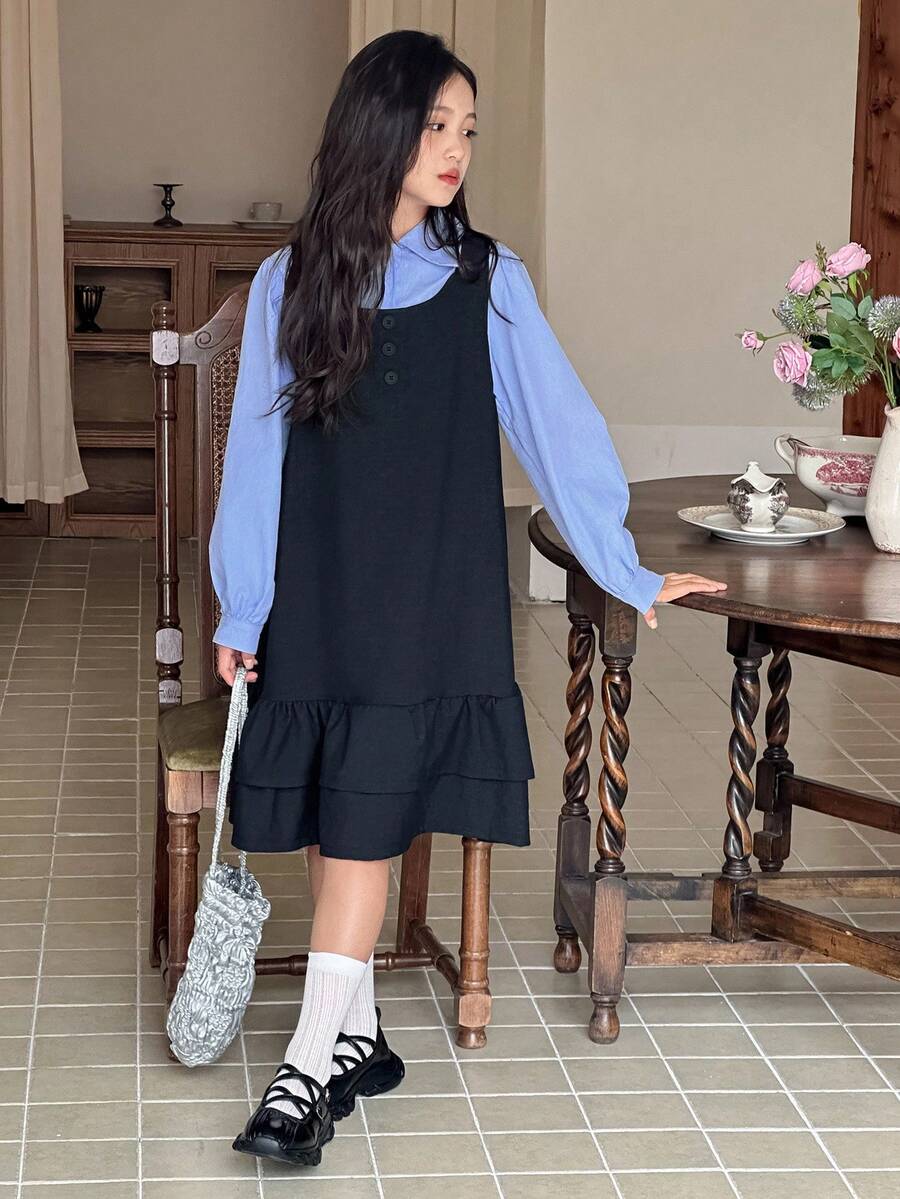 DAZY Set de rochie cu mânecă lungă și bretele, culoare solidă, pentru fete preadolescente, ținută la modă stradală pentru toamnă