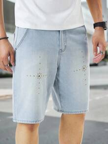 Manfinity Homme Quần Jeans Ngắn Thường Ngày Màu Xanh Nhạt Nhạt Được Phun Sơn, Phong Cách Nhật Bản/Hàn Quốc - Màu xanh lam - Xem 7