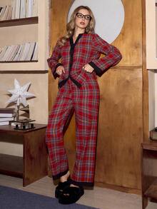 SweetSlumber 女士撞色V领格子长袖上衣和裤子休闲睡衣套装，秋季睡衣，女士格子睡衣，圣诞节 - 彩色 - 查看 3