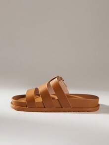 Solecia 2025 Summer New Arrival Women's Fashion H-Shape Black Rivet Platform Soft Bottom Sandals, Hook And Loop Closure, Versatile Strap Non-Slip Open Toe Flat Sandals - Brown - View 3