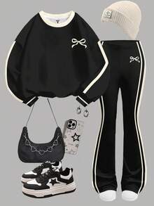 SHEIN 2pcs/Set Tween Girls Casual Thick Loose Fit Crew Neck Sweatshirt With Vintage School Sports Style Bow Decor & Cream Striped Contrast, Bell Bottom Pants, Suitable For Autumn/Winter, Outfits For Easy Comfort, Autumn Layers, Stylish Girls, Casual Wear, Kids Graphic Clothes, Back To School, Fall Clothes, Homecoming