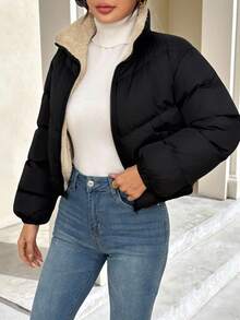 SHEIN PETITE Women's Zipper Long Sleeve Fashionable Popular Winter Insulated Padded Coat, Dress Casual ,Business Casual Outfits Women,Fall Clothes For Women,Going Out Tops