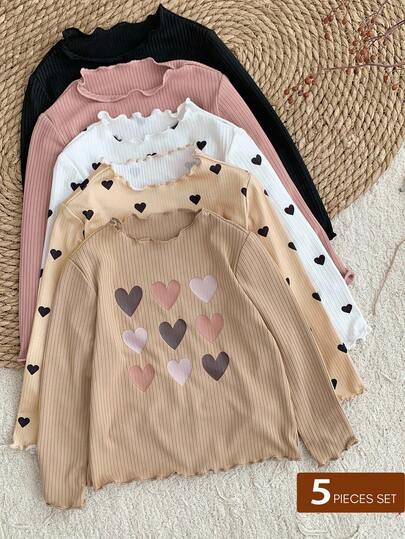 LMoss Kids Set de 5 piezas de ropa informal para bebé niña con parte superior con estampado de corazones y volantes, unicolor