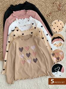 LMoss Kids LMoss 5件套女婴纯色爱心图案荷叶边休闲上衣套装，包括女婴长袖衬衫、女婴长袖上衣、爱心印花女童衬衫、可爱女婴上衣、女婴罗纹衬衫、女婴长袖衬衫、爱心印花衬衫、女童上衣、可爱上衣、罗纹女童上衣、女婴休闲上衣、女婴长袖衬衫、罗纹女童上衣、爱心印花女童衬衫，适合秋冬季穿着。 - 彩色 - 查看 7