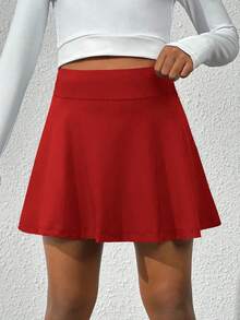 SHEIN Girls' Navy Blue Skirt With Soft, Stretchy Shorts Lining, Suitable For Outdoor/Indoor Sports, Dance, Tennis And Other Activities - Red - View 4