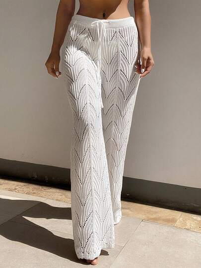 Swim Vcay Summer Beach Drawstring Waist Pointelle Knit Cover Up Pants