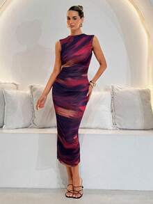 Lavishia 红色抽象印花无袖紧身中长连衣裙，适合夏季 - 紫色 - 查看 3