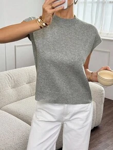 SHEIN Tall 女士纯色简约圆领针织上衣，日常穿着 - 灰色 - 查看 2