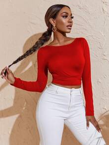 Fashionable Sexy Criss-Cross Backless Long Sleeve Cropped T-Shirt - Red - View 4