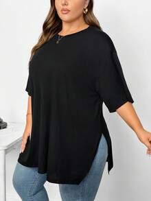 SHEIN CURVE+ 大码女装春夏时尚休闲宽松舒适基础款黑色下摆开衩短袖T恤，简约风格，外出上衣，机场通勤，欧洲春秋冬款 - 黑色 - 查看 4