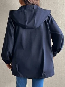 EMERY ROSE Plus Size Women Casual Commuter Outdoor Loose Mid-Length Hooded Jacket With Front Pleated Pocket Patchwork Long Sleeve Winter Fall Autumn - Blue - View 2