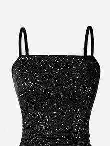 Sparklyn Váy nơ xếp nếp nhung xanh lá cây sang trọng, váy ngắn dây ngôi sao, váy ngắn dự tiệc, phiên bản Giáng sinh cho bé gái tuổi teen - màu đen - Xem 3