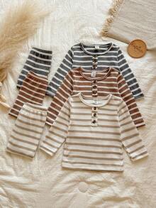 Vintaside Kids 6 件男婴秋季新款条纹圆领仿门襟设计长袖 T 恤和裤子套装，卡其色棕色、黑白条纹，多种颜色，婴儿休闲基本款 - 彩色 - 查看 4