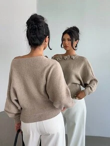 Elenzga Women's Elegant Floral Rhinestone Decor Asymmetric Shoulder Solid Color Sweater - Khaki - View 2