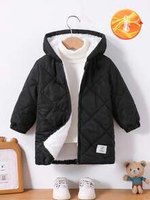 SHEIN 男婴保暖绗缝连帽外套，秋冬季休闲款，男婴冬季外套，冬季婴儿服装，绗缝冬季外套，冬季外套，男婴拉链外套，男婴连帽外套，男婴抓绒外套，男婴绗缝外套（秋季款） - 黑色 - 查看 3