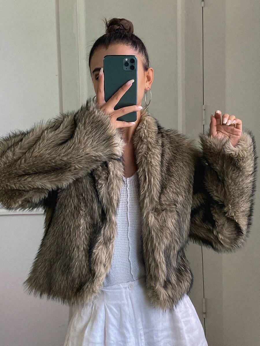 DAZY 女士高级仿皮草外套，冬季女式大衣 - 棕色 - 查看 1