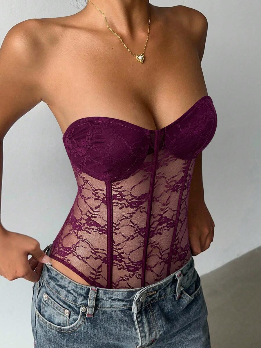 Aloruh 女士蕾丝透视性感抹胸紧身衣 - 中紫紅色 - 查看 1