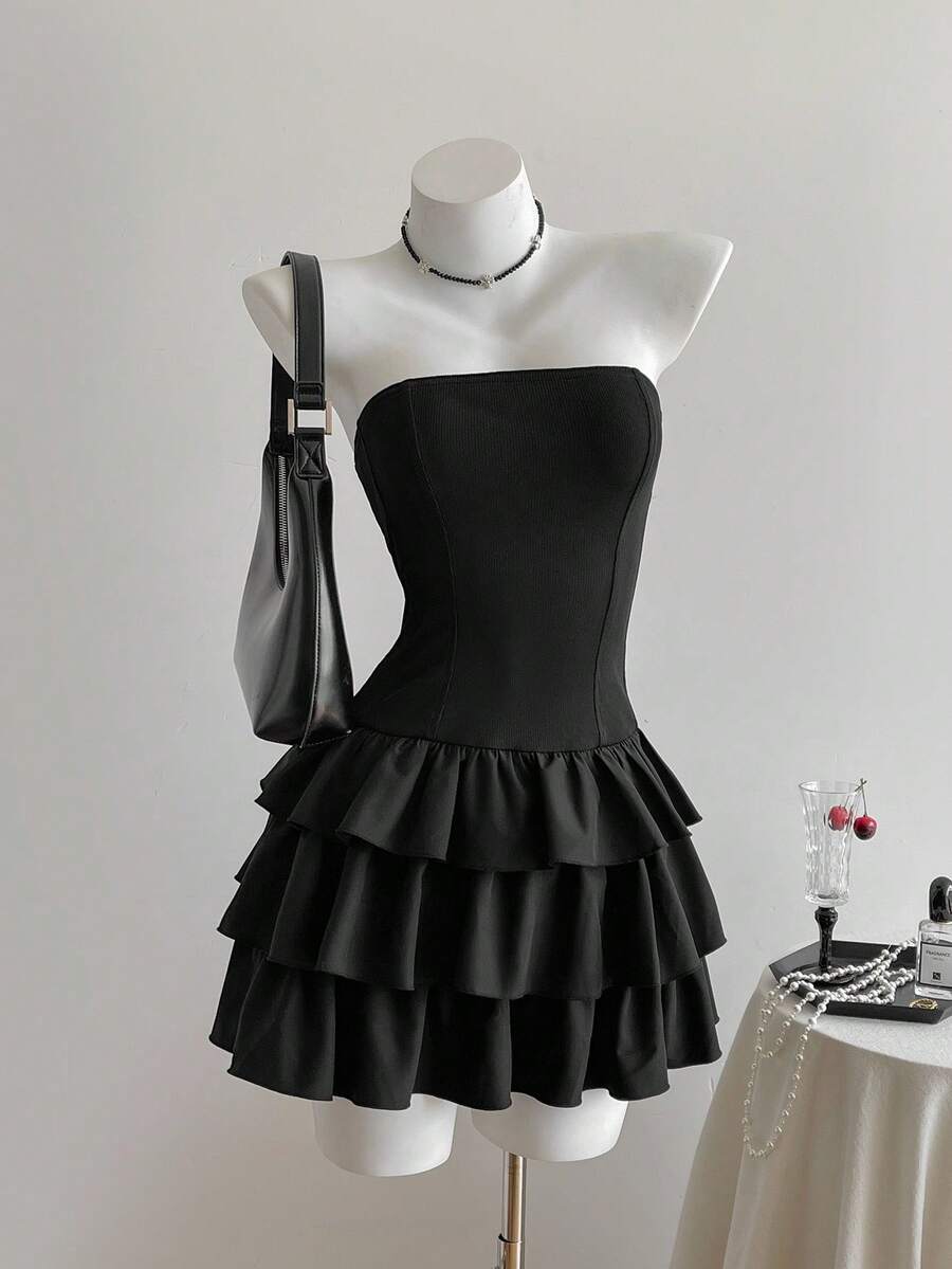 Elamini Váy ngắn bodycon viền bèo nhún dệt kim màu đen, thời trang tối giản thanh lịch cho đám cưới, trường học, công sở, thường ngày, tiệc tùng, thu/đông - màu đen - Xem 1