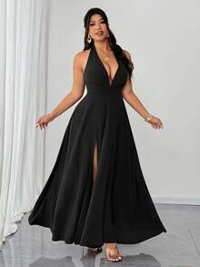 SHEIN Clasi Plus Size Women's Solid Color Deep V-Neck Slit Hem Sexy Halter Dress - Black - View 1