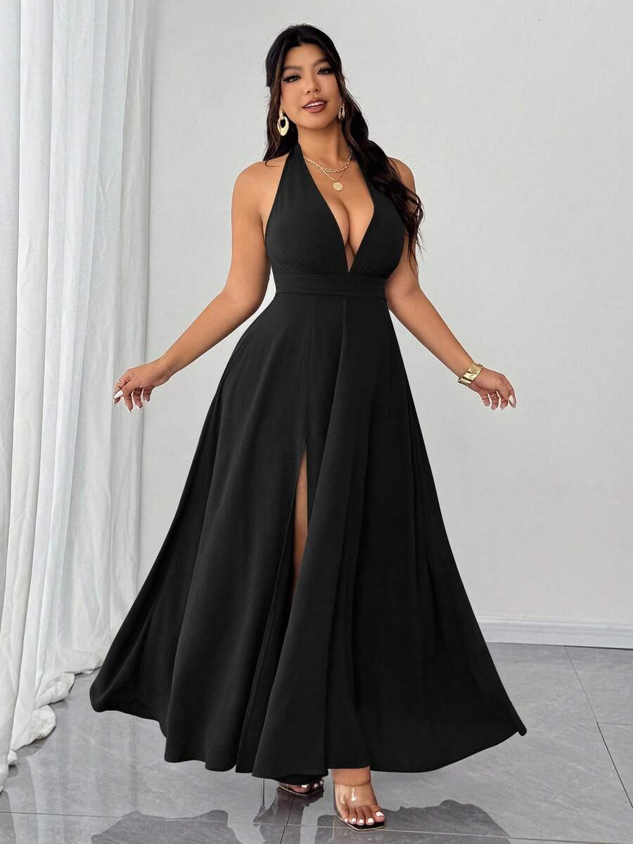 SHEIN Clasi Plus Size Women's Solid Color Deep V-Neck Slit Hem Sexy Halter Dress - Black - View 1