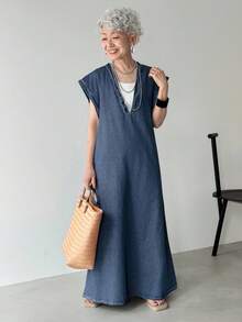 FRIFUL 女式深V领蝙蝠袖短袖宽松休闲牛仔连衣裙