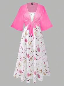 Franclia 大码女式碎花雪纺连衣裙和透明开衫两件套，优雅夏日装 - 粉色 - 查看 6