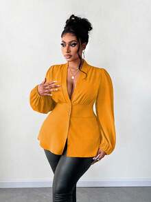 Maweii Plus Size Women's Casual Solid Color Lantern Sleeve Blouse For Autumn Women Shirt - Yellow - View 4
