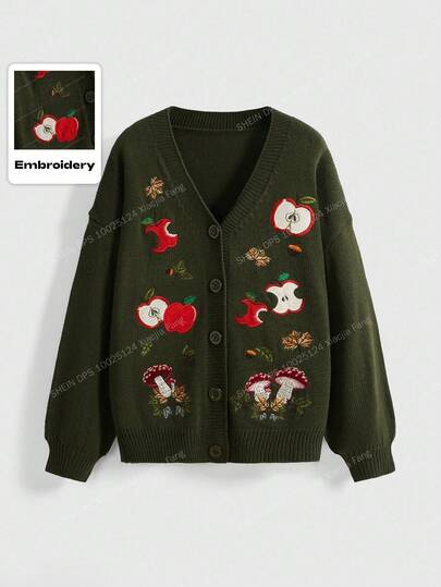 Kawaii Women's Retro Countryside Style Apple Leaf Embroidery Cardigan, Autumn