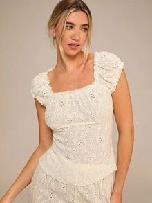 Enchnt Ladies Lace Trim Puff Sleeve Jacquard Casual Pajama Set - Apricot - View 1