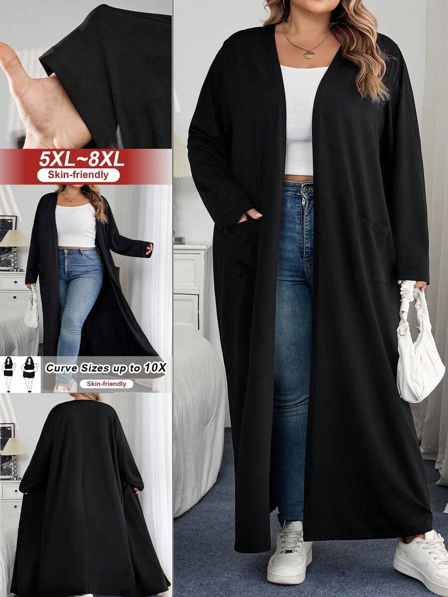 SHEIN CURVE+ Curve 大码/秋装/秋季女装/女冬装/冬装大码休闲日常纯橙色宽松口袋长款开衫毛衣外套，女装，春秋秋季女装，冬季，CURVE PLUS 大码开衫大码女装 8xl 女装 Curve 秋装 - 黑色 - 查看 1