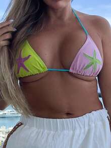 Cioccolato Halterneck Contrast Starfish Applique Triangle Bikini Top Only Beach Swimwear Vacation Summer Holiday Cute Sexy Ibiza Elegant Y2k Marine - Multicolor - View 5