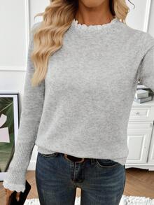 EMERY ROSE 全新秋冬焕新套头高领柔软蕾丝针织毛衣，百搭优雅，适合女士灰色毛衣女士毛衣蕾丝边毛衣浅灰色上衣立领毛衣 - 灰色 - 查看 9