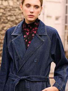 lacRébo Chic Denim Trench Coat With Belt And Double-Breasted Closure Spring Women Clothes Spring Summer - Dark Wash - View 2