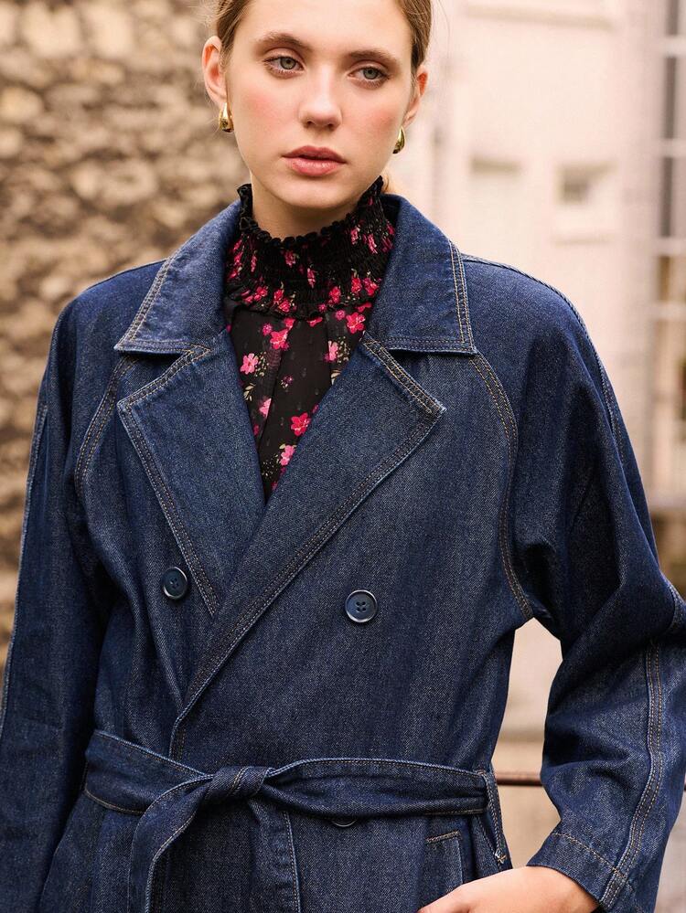 Chic Denim Trench Coat With Belt And Double-Breasted Closure Spring Women Clothes Spring Summer