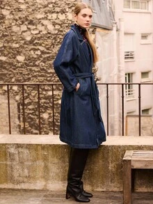 lacRébo Chic Denim Trench Coat With Belt And Double-Breasted Closure Spring Women Clothes Spring Summer - Dark Wash - View 3