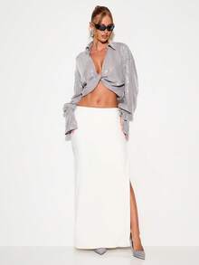 KIZN Áo sơ mi cài nút tay dài cắt ngắn đính sequin lấp lánh phong cách disco kim tuyến tiệc bãi biển lễ hội buổi tối mùa hè mặc ở khu nghỉ dưỡng xoắn phía trước - Xám - Xem 4